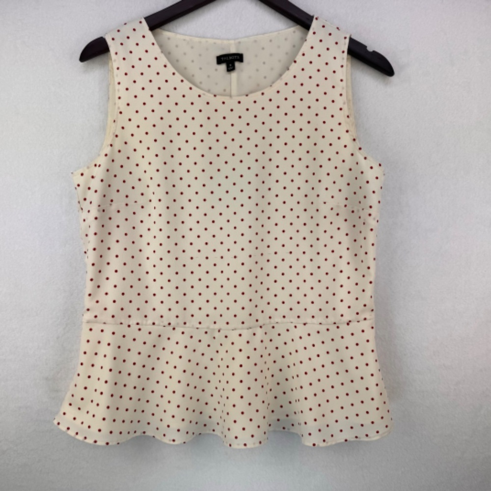 Talbots Ladies Top Sz 8 Sleeveless Cream and Red Polka Dots peplum side zipper